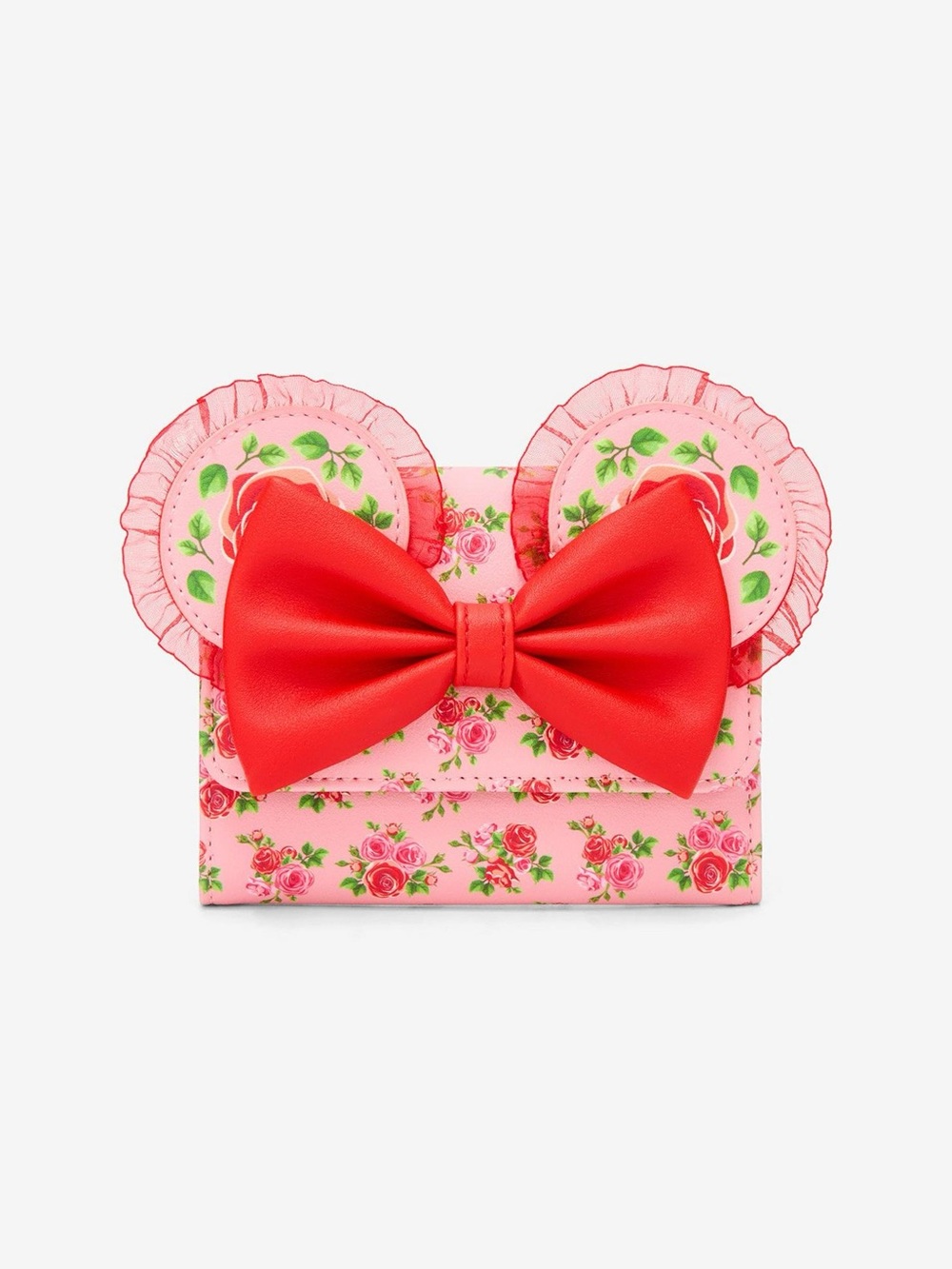 DISNEY Loungefly Minnie Mouse Pink & Red Roses Figural Mini Flap Wallet NEW